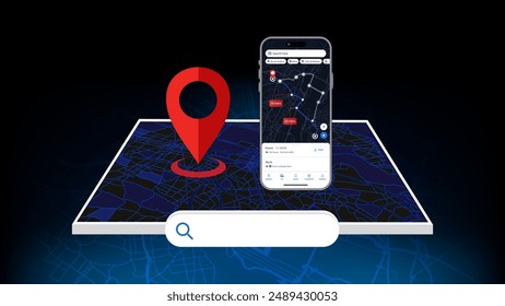 Detailed 3D Location Map with Smartphone and Smart App, Pin Marker, Search Bar, and Pointer. GPS and Navigation Elements, Maps for Social Media and Mobile Apps. Realistic Vector Illustration.