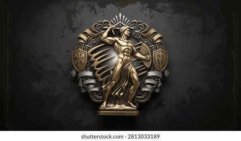 Detailed 3D metallic shield crest with a central figure of a powerful man, suitable for award insignias, historical themes, or heroic branding.