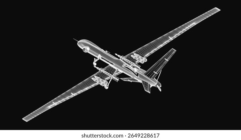 A detailed 3D model of an airplane blueprint on a sleek black background, showcasing precise engineering and aerodynamics. The drone-like design highlights advanced technology and futuristic.