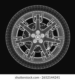 Um modelo 3D detalhado de uma roda de carro com linhas intrincadas e texturas realistas, isolado em um fundo preto elegante. O design apresenta formas geométricas precisas e um acabamento metálico polido.
