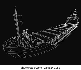 Um modelo 3D detalhado de um navio de carga com um casco branco e características visíveis do convés destaca-se contra um fundo preto. A estrutura do navio é meticulosamente renderizada, destacando a sua indústria.
