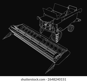 Um modelo 3D detalhado de uma ceifeira-debulhadora sobre um fundo preto, apresentando linhas intrincadas de planta e curvas realistas. O design destaca a precisão mecânica com bordas limpas e precisas.