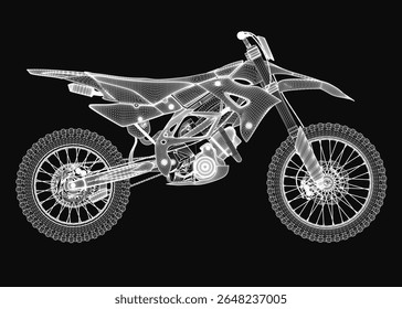 A detailed 3D model of a cross motorcycle with realistic textures, featuring handlebars, a sleek seat, and rugged wheels. The dirt bike is isolated on a black background, highlighting its dynamic.
