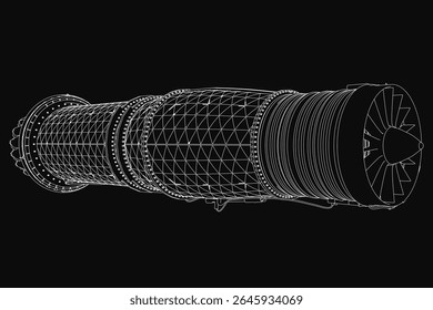 A detailed 3D model of a jet engine blueprint on a black background, showcasing intricate turbine components and aerodynamic design. The realistic rendering highlights precision engineering