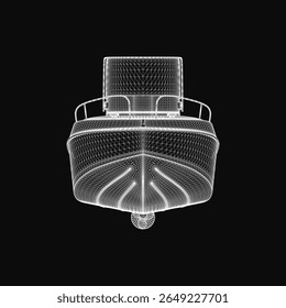 A detailed 3D model of a motor boat blueprint with intricate lines and curves, showcasing realistic design elements. The white model contrasts sharply against the black background for high visibility.