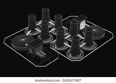 A detailed 3D model of a nuclear power plant features towers, chimneys, and industrial structures on a black background. The blueprint-style rendering highlights the complex design of the facility.