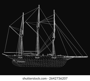A detailed 3D model of a sailing ship with tall masts, billowing sails, and a sturdy hull stands out against a sleek black background. The intricate design highlights the ship's classic maritime.