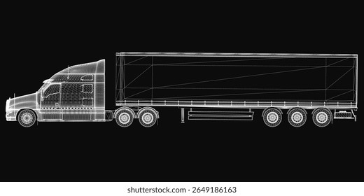 A detailed 3D model of a semi truck on a sleek black background, showcasing the vehicle's blueprint with precision. The design highlights the truck's structure, wheels, and cabin in a clean