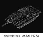 A detailed 3D model of tank blueprint on a black background features intricate lines and realistic curves. The battle-ready tank design highlights mechanical details and historical.