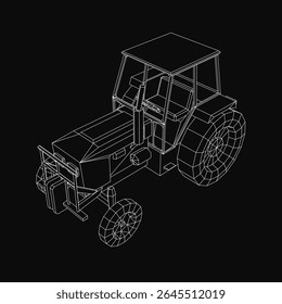 Ein detailliertes 3D-Modell eines Traktors auf schwarzem Hintergrund, das komplexe Blaupausenlinien und realistische Kurven zeigt. Das Design hebt mechanische Komponenten und strukturelle Genauigkeit für industrielle Anwendungen hervor.