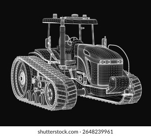 A detailed 3D model of a tractor on a black background, showcasing intricate blueprint lines and realistic curves. The design highlights mechanical precision with clean edges and a professional.