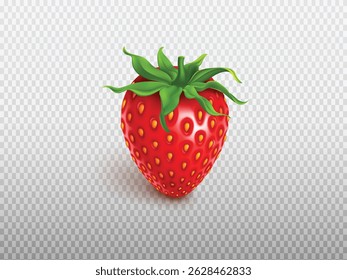 Detailed 3D realistic strawberry vector illustration featuring fresh red berry with green leaves, perfect for food, health, and fruit-themed graphic designs