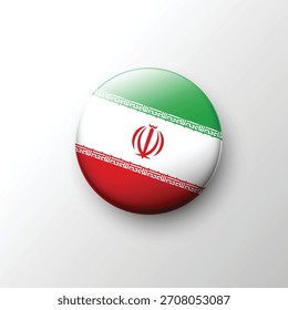 Un detallado Botón redondo en 3D que muestra la bandera de Irán con sus rayas verdes, blancas y rojas, emblema central y bandas de escritura decorativas.