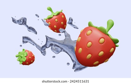 Detailed 3D strawberries in jets of clear water. Concept of clean, fresh berries