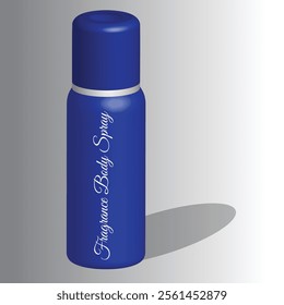 A detailed  3D vector illustration of a blue fragrance body spray bottle design isolated on a gradient background.Ideal for use in advertisements, product packaging or beauty and personal care .