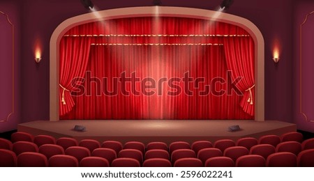 A detailed 3D vector illustration of a classic theater stage with an arched frame, luxurious red velvet curtains, and elegant wall sconces, creating a refined atmosphere.