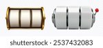 A detailed 3D vector illustration of slot machine reels, one with a golden frame and the other with a metallic finish and a red lever. Ideal for use in casino, gaming, or gambling-themed projects.