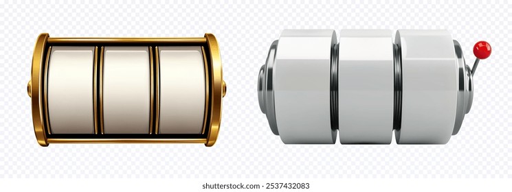 A detailed 3D vector illustration of slot machine reels, one with a golden frame and the other with a metallic finish and a red lever. Ideal for use in casino, gaming, or gambling-themed projects.