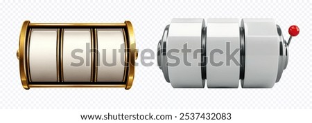 A detailed 3D vector illustration of slot machine reels, one with a golden frame and the other with a metallic finish and a red lever. Ideal for use in casino, gaming, or gambling-themed projects.