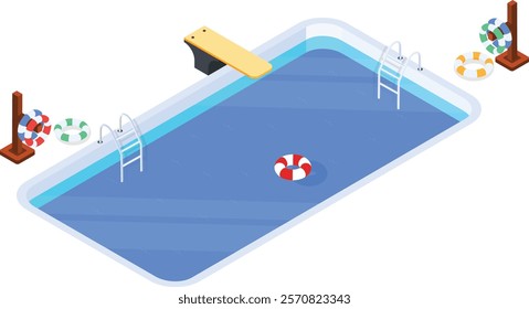 A detailed 3D vector illustration of a swimming pool featuring a diving board, ladders, and colorful lifebuoys on stands. This isometric design is perfect for travel, summer.