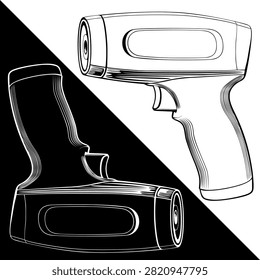 detailed 3d vector illustration of two infrared thermometer guns in black and white styles, isolated on white background