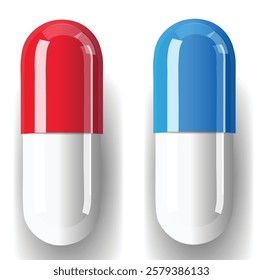 A detailed 3D vector of various capsules in green, red and white tones. These pills are isolated on a clean background, symbolizing modern pharmaceutical solutions, healthcare, and medical treatment.