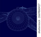 A detailed 3D wireframe model of an aircraft on a solid blue background, showcasing its transparent mesh structure and aerodynamic design.
