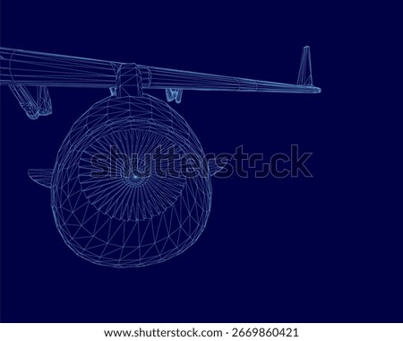 A detailed 3D wireframe model of an aircraft against a clean blue background highlights the intricate structure of the airplane. The transparent mesh design showcases the aerodynamic shape.