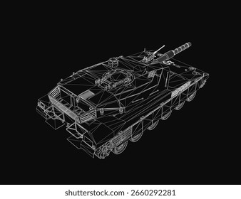 Un detallado modelo de estructura de alambre 3D de un tanque de batalla sobre un fondo negro, mostrando intrincadas líneas de planos y curvas realistas. El diseño del tanque militar destaca.