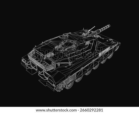 A detailed 3D wireframe model of an Battle Tank on a black background, showcasing intricate blueprint lines and realistic curves. The military tank design highlights.