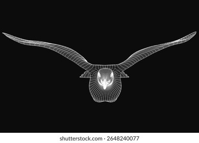 A detailed 3D wireframe model of a birdl with large curved horns, isolated on a black background for a striking visual effect. The realistic rendering highlights intricate structure