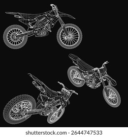 A detailed 3D wireframe model of a dirt bike on a black background, featuring intricate handlebars, a textured seat, and realistic wheels. The sport bike is rendered with precision, showcasing its.