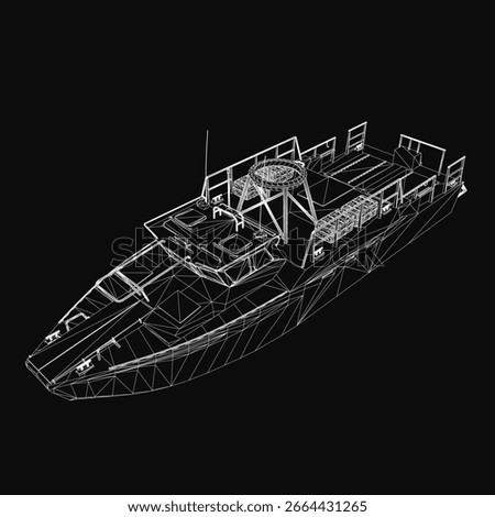A detailed 3D wireframe model of a military ship on a black background, showcasing intricate blueprint lines and realistic curves. The design highlights structural details and precise engineering.