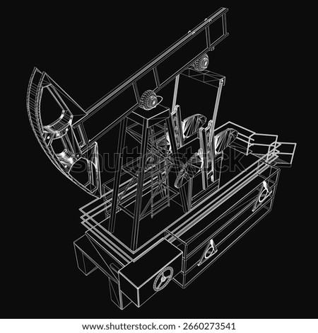 A detailed 3D wireframe model of an oil pump jack stands out against a black background. The blueprint features intricate lines and precise curves, highlighting the machine's mechanical complexity.