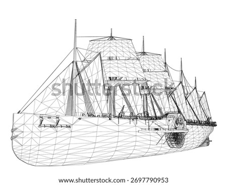 A detailed 3D wireframe model of a pirate ship features intricate masts, sails, and a realistic hull design.