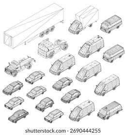 Um modelo detalhado em 3D de modelo de arames de um carro e caminhão sobre um fundo branco limpo, mostrando a estrutura estrutural e design dos veículos.
