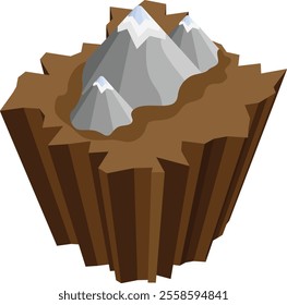 A detailed 3D-style vector illustration of sharp mountain peaks with snowy caps, set on a multi-layered brown terrain.