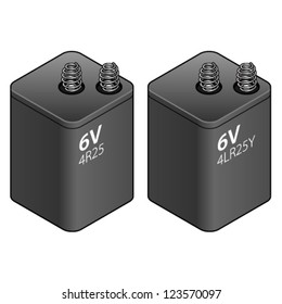 Detailed 6V dry cell batteries labelled with their common names and IEC codes.