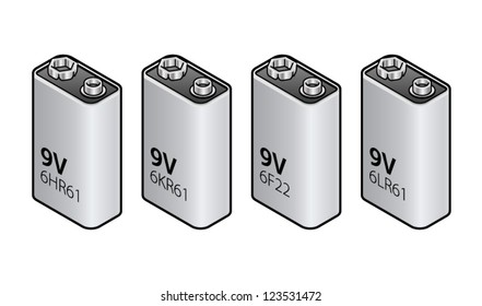 Detailed 9V dry cell batteries labelled with their common names and IEC codes.