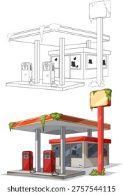 Detailed abandoned gas station vector, moss-covered structures, broken windows, clean line-art and colored versions
