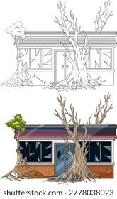 Detailed abandoned storefront vector with encroaching tree roots, broken windows, flat colors, clean outlines