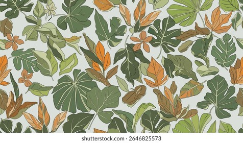 A Detailed Abstract Botanical Pattern Featuring a Variety of Lush Green and Autumnal Orange Leaf Forms