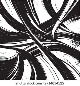 Detailed abstract illustration featuring dynamic curved lines and shapes in black and white, creating a sense of movement and energy