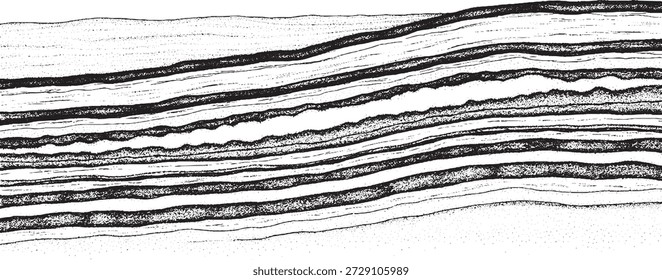 Una Imagen abstracta detallada de los datos de reflexión sísmica, que muestra varias capas geológicas y estructuras subsuperficiales en una paleta monocromática en blanco y negro, destacando los intrincados patrones de la geología.