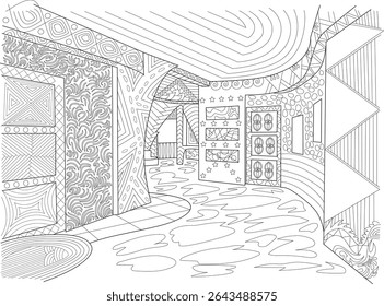 Detailed Abstract Interior Line Art Illustration, Intricate black and white line drawing depicting a stylized interior space filled with complex abstract patterns and decorative elements. Hand-drawn