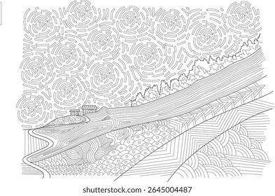 Detalhado desenho abstrato da linha da paisagem com padrões intrincados, colinas estilizadas, céu e edifício - ilustração artística