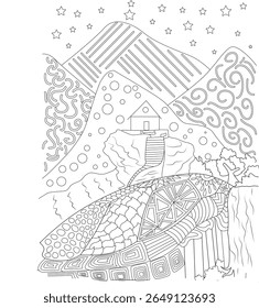 Detailed abstract mountain landscape with a charming house, waterfall, and stars, featuring intricate patterns and designs, perfect for adult coloring books and mindfulness.
