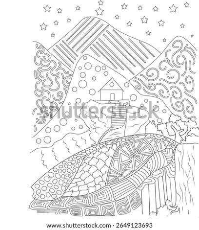 Detailed abstract mountain landscape with a charming house, waterfall, and stars, featuring intricate patterns and designs, perfect for adult coloring books and mindfulness.