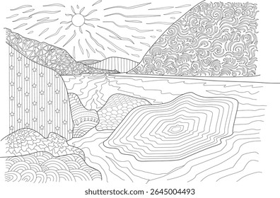 Detailed Abstract Nature Landscape Illustration with Decorative Patterns, Sun, Mountains, and Water, Perfect for Adult Coloring Books, Backgrounds, and Creative Design Projects.