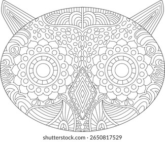 Detailed abstract owl head illustration in black and white line art, featuring complex mandala patterns for coloring and relaxation.